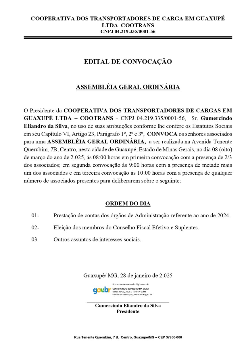 Cootrans convoca associados para Assembleia Geral Ordinária no dia 8 de março