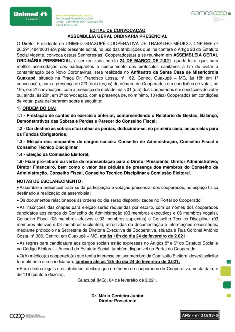 Unimed publica Edital de Convocação - Assembleia Geral Ordinária Presencial