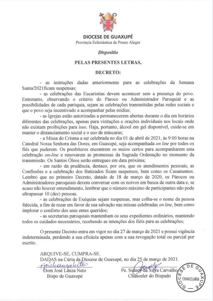 Como forma de prevenção ao Coronavírus, Diocese de Guaxupé decreta suspensão das atividades por tempo indeterminado