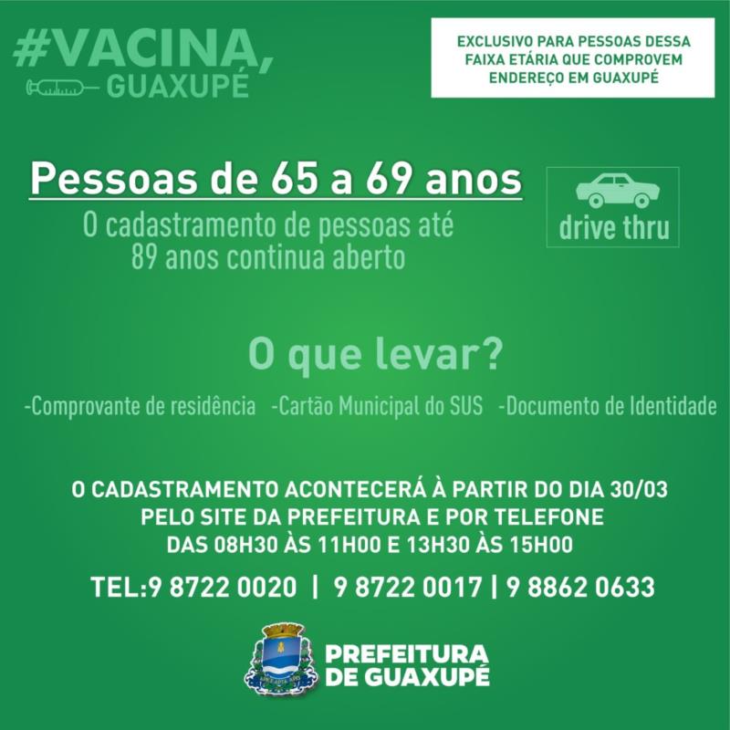 Está aberto o cadastramento para vacinação de idosos entre 65 a 69 anos contra a Covid-19 em Guaxupé