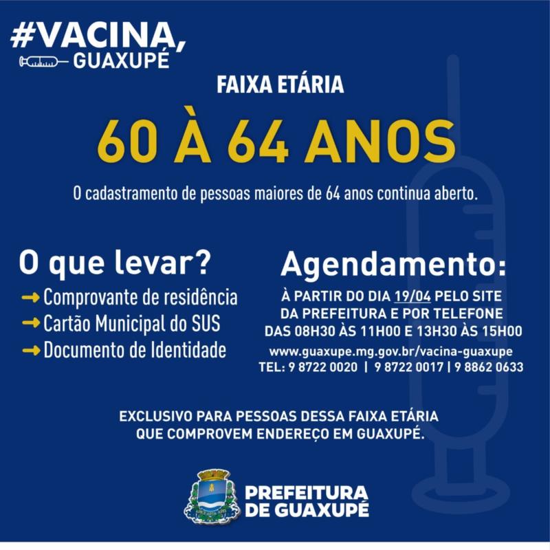 Prefeitura de Guaxupé inicia cadastramento para vacinação de idosos entre 60 a 64 anos contra a Covid-19