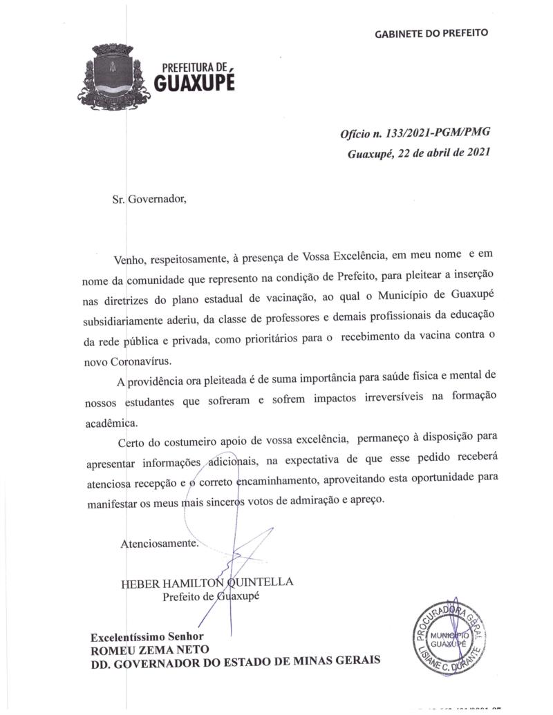 Prefeito de Guaxupé pede a Zema que professores sejam vacinados