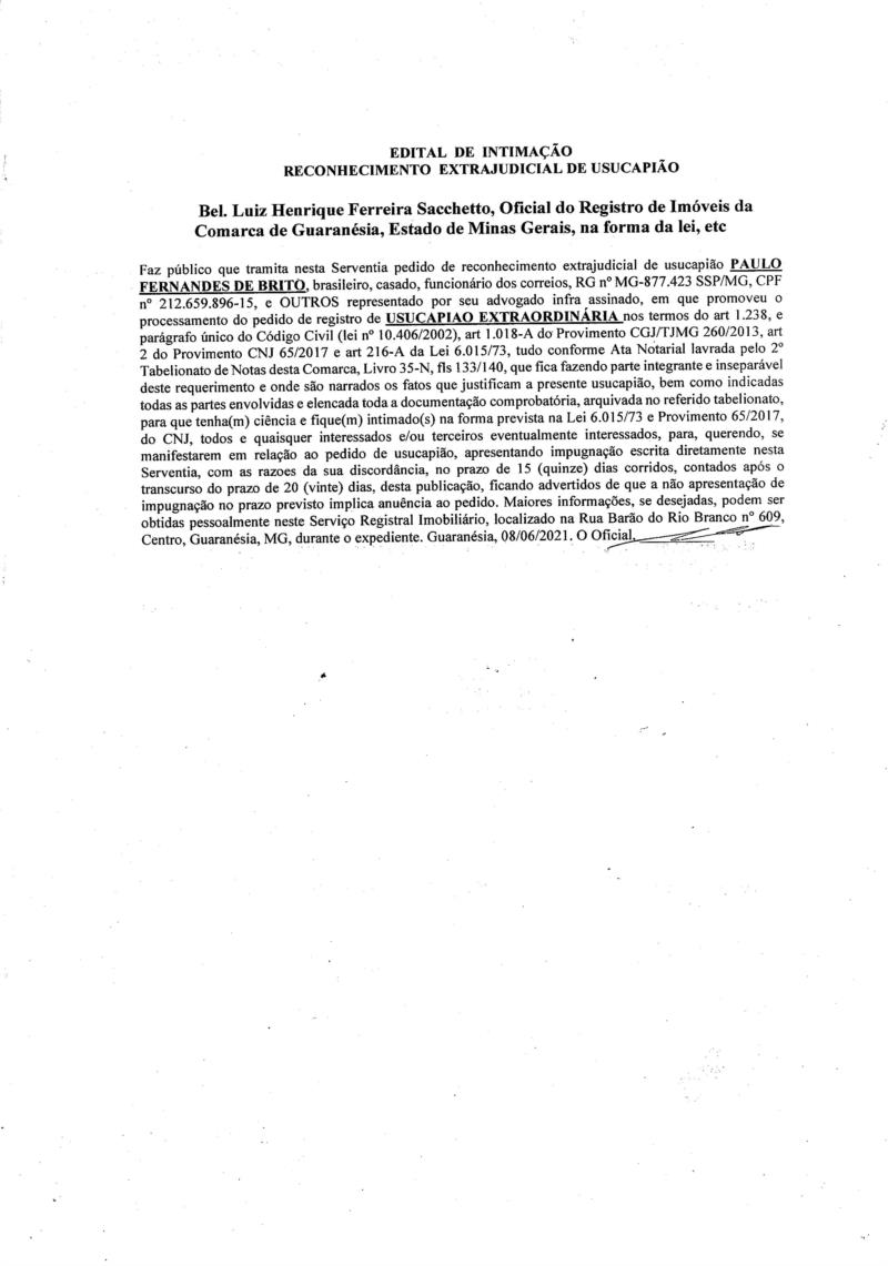 Edital de Intimação - Reconhecimento Extrajudicial de Usucapião