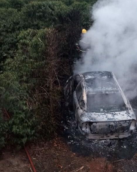 Bombeiros combatem incêndio em automóvel na BR- 491, próximo a destilaria desativada