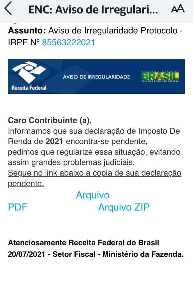 Receita Federal alerta sobre e-mail falso indicando Irregularidades no Imposto de Renda 