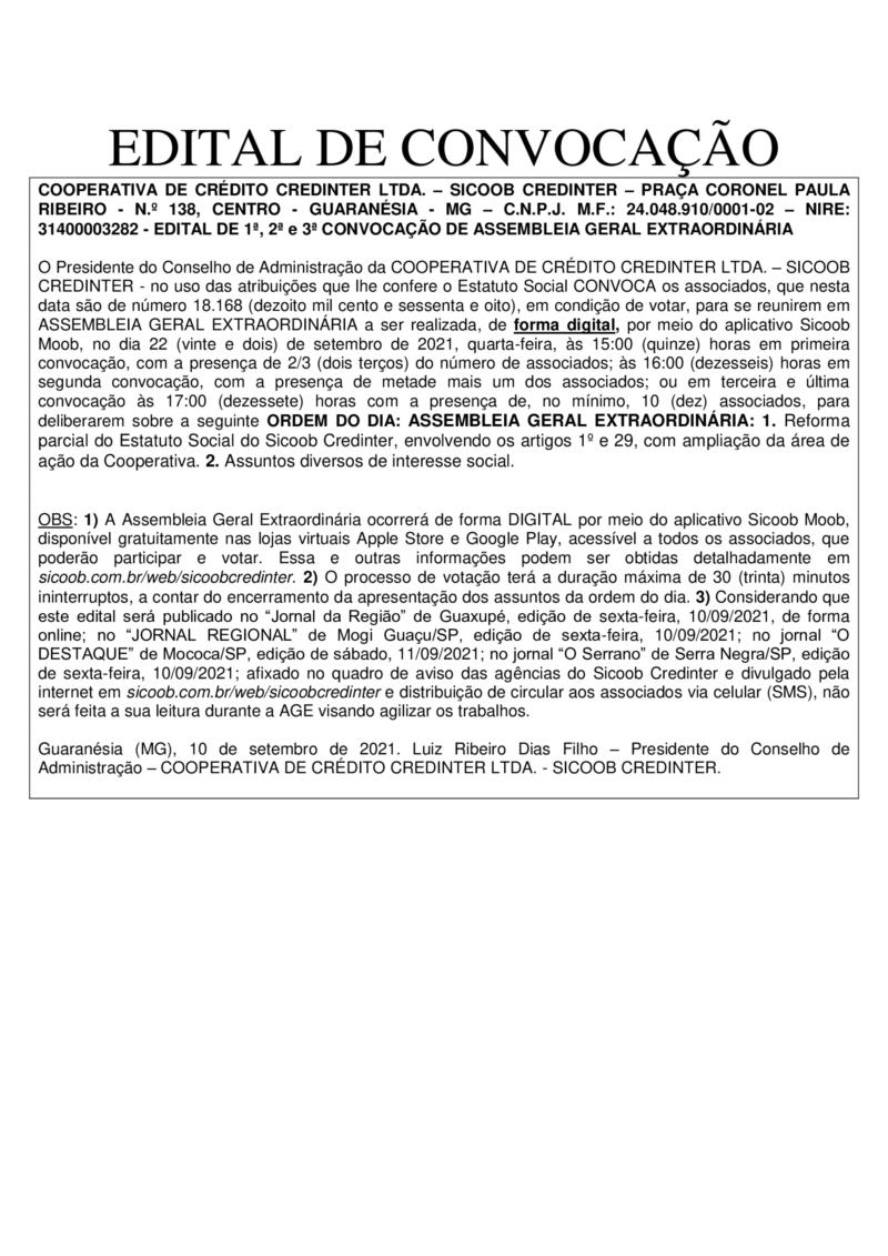 Sicoob Credinter convoca associados para Assembleia Geral Extraordinária digital no dia 22 de setembro