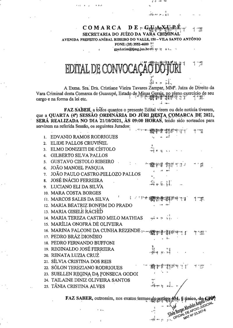 Pauta de julgamento e Edital de Convocação de Júri em Guaxupé