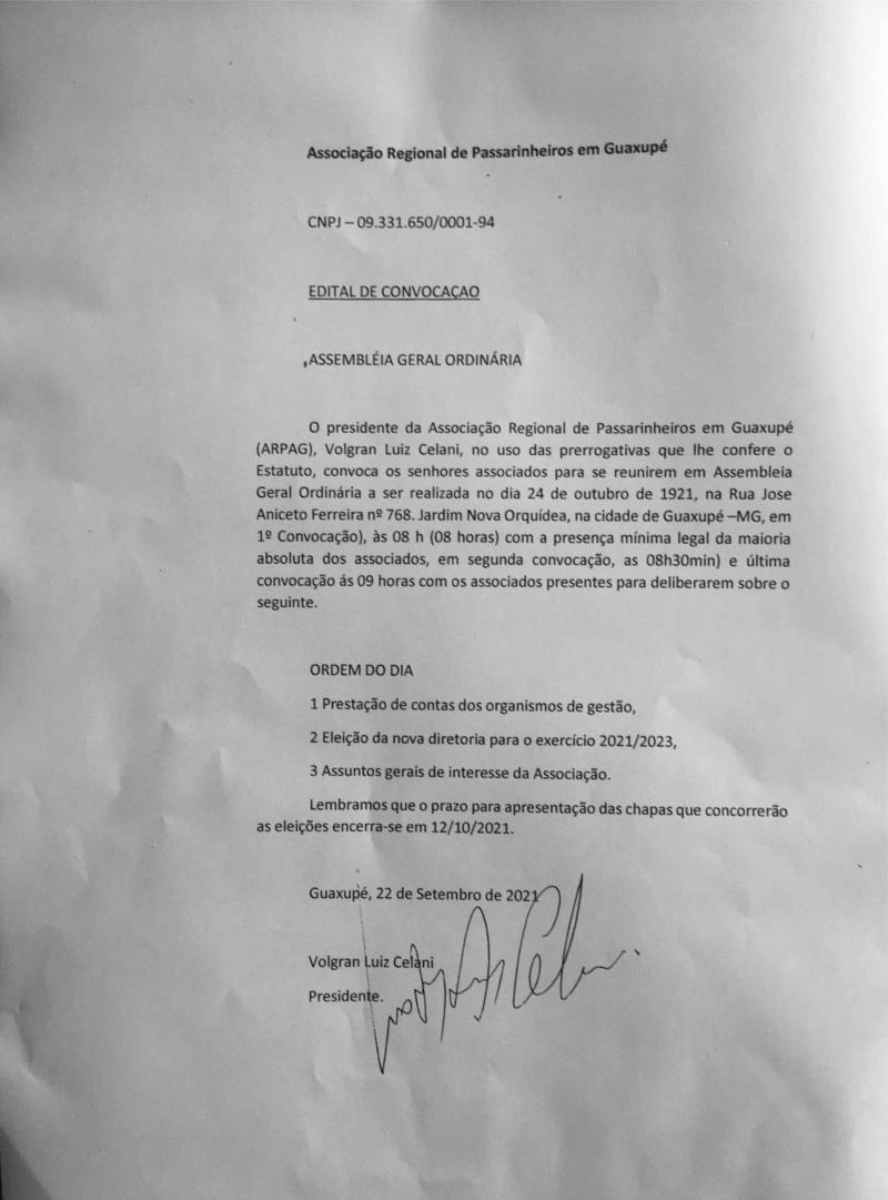 Presidente da Associação Regional de Passarinheiros de Guaxupé convoca associados para Assembleia Geral Ordinária no dia 24 de outubro