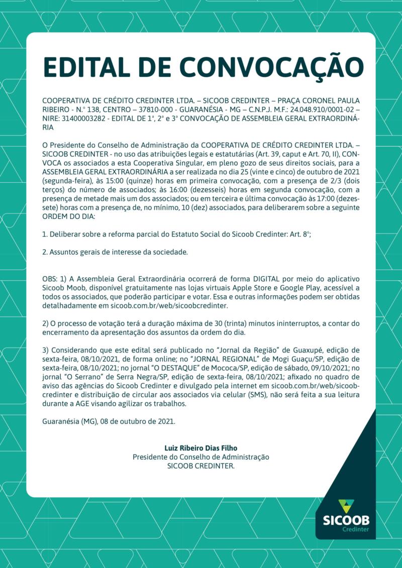 Sicoob Credinter convoca associados para Assembleia Geral Extraordinária no dia 25 de outubro