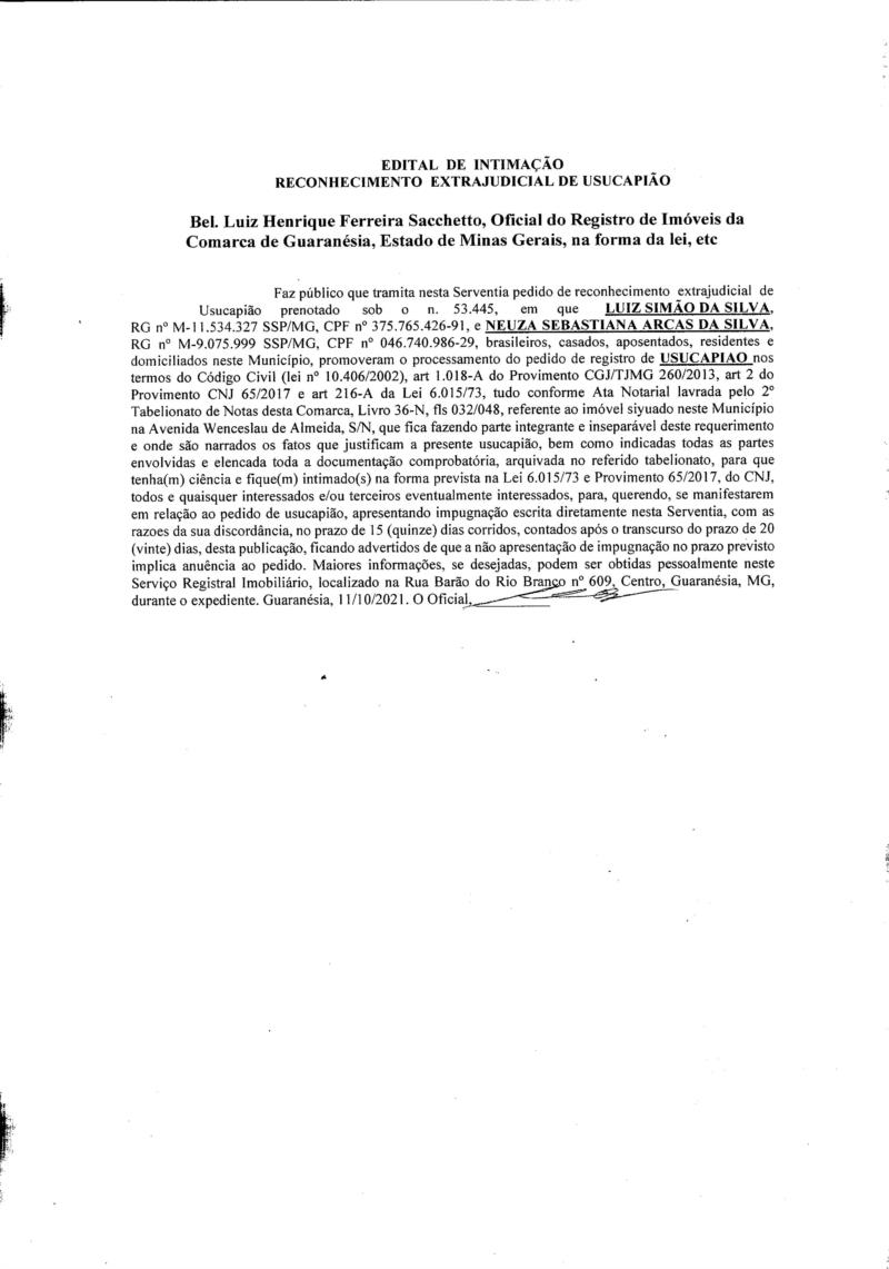 Edital de Intimação - Reconhecimento Extrajudicial de Usucapião