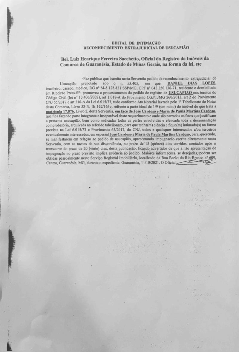 Edital de Intimação - Reconhecimento Extrajudicial de Usucapião