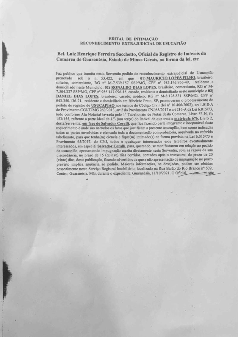 Edital de Intimação - Reconhecimento Extrajudicial de Usucapião