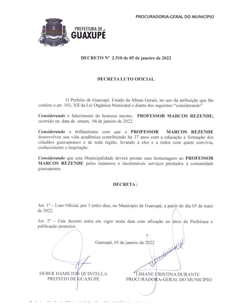 Prefeitura de Guaxupé decreta luto de três dias pelo falecimento do professor Marcos Rezende