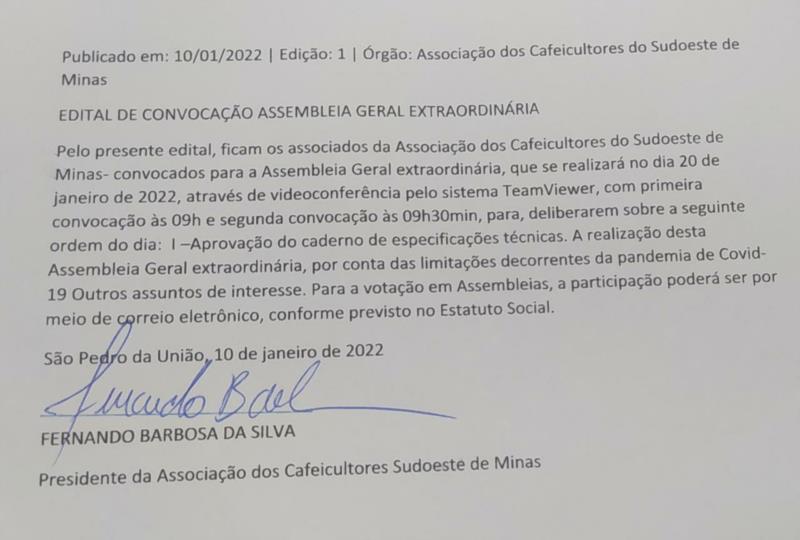 Associação dos Cafeicultores do Sudoeste de Minas convoca associados para Assembleia Geral Extraordinária