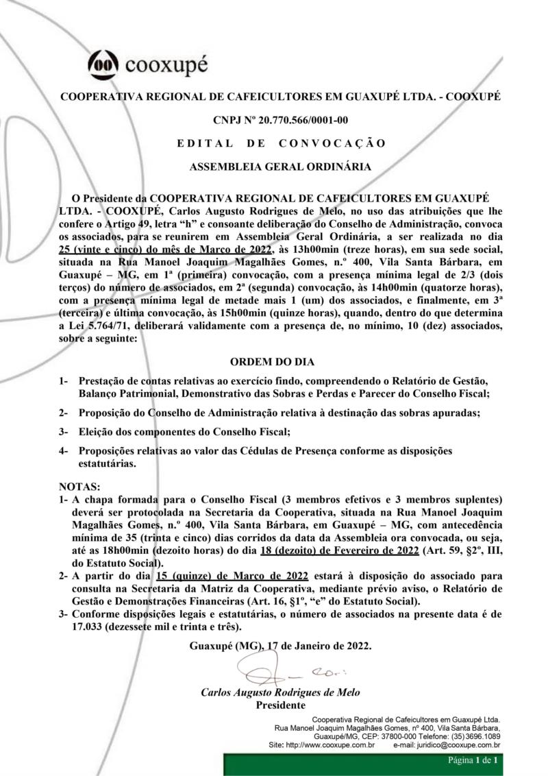 Cooxupé convoca associados para Assembleia Geral Ordinária no dia 25 de março