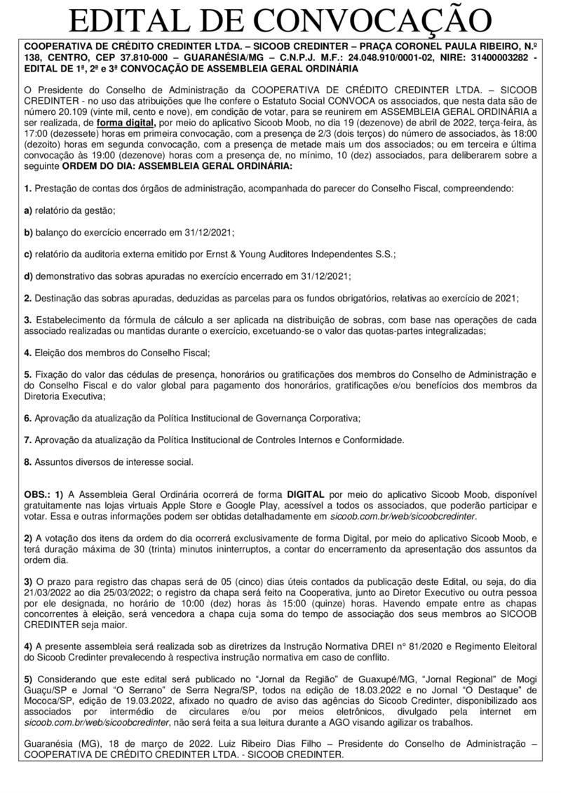 Sicoob Credinter convoca associados para Assembleia Geral Ordinária no dia 19 de abril