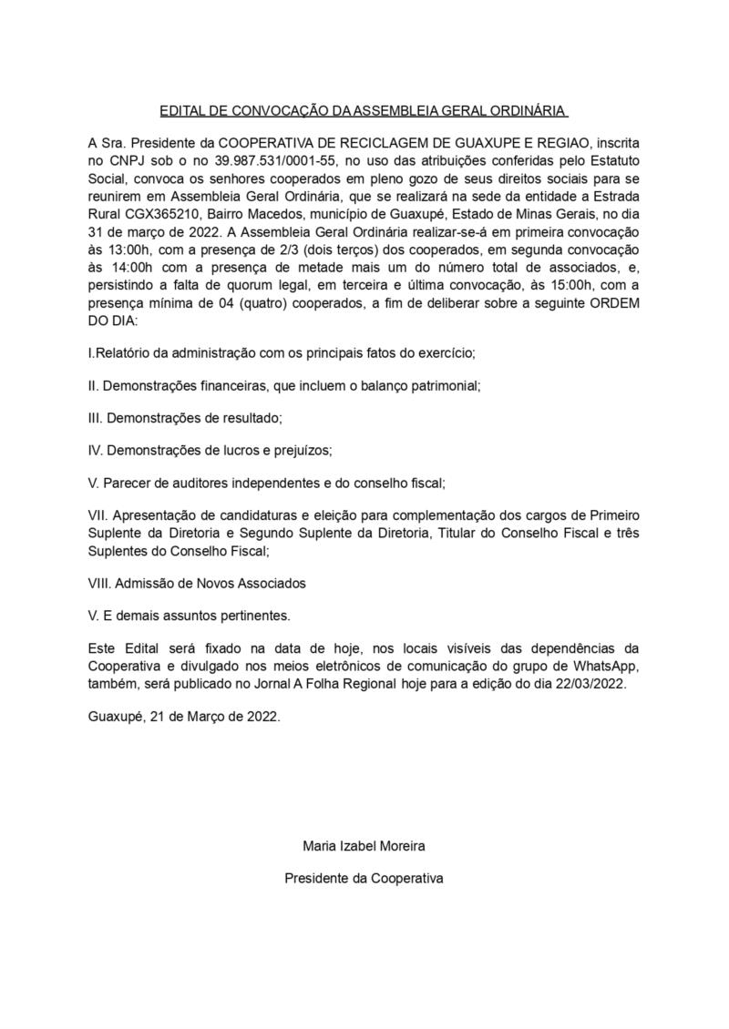 Cooperativa de Reciclagem de Guaxupé e Região convoca cooperados para Assembleia Geral Ordinária no dia 31 de março