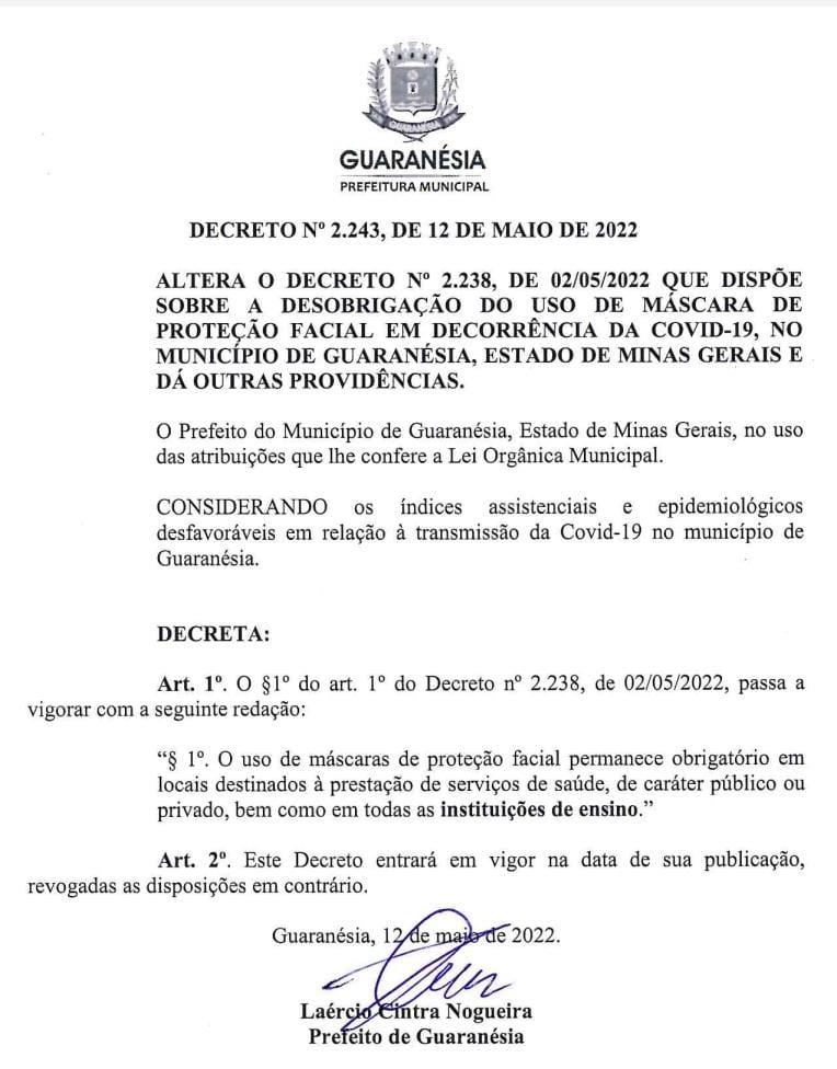 Surto de Covid-19 em Guaranésia faz prefeito decretar o uso obrigatório de máscara novamente no município