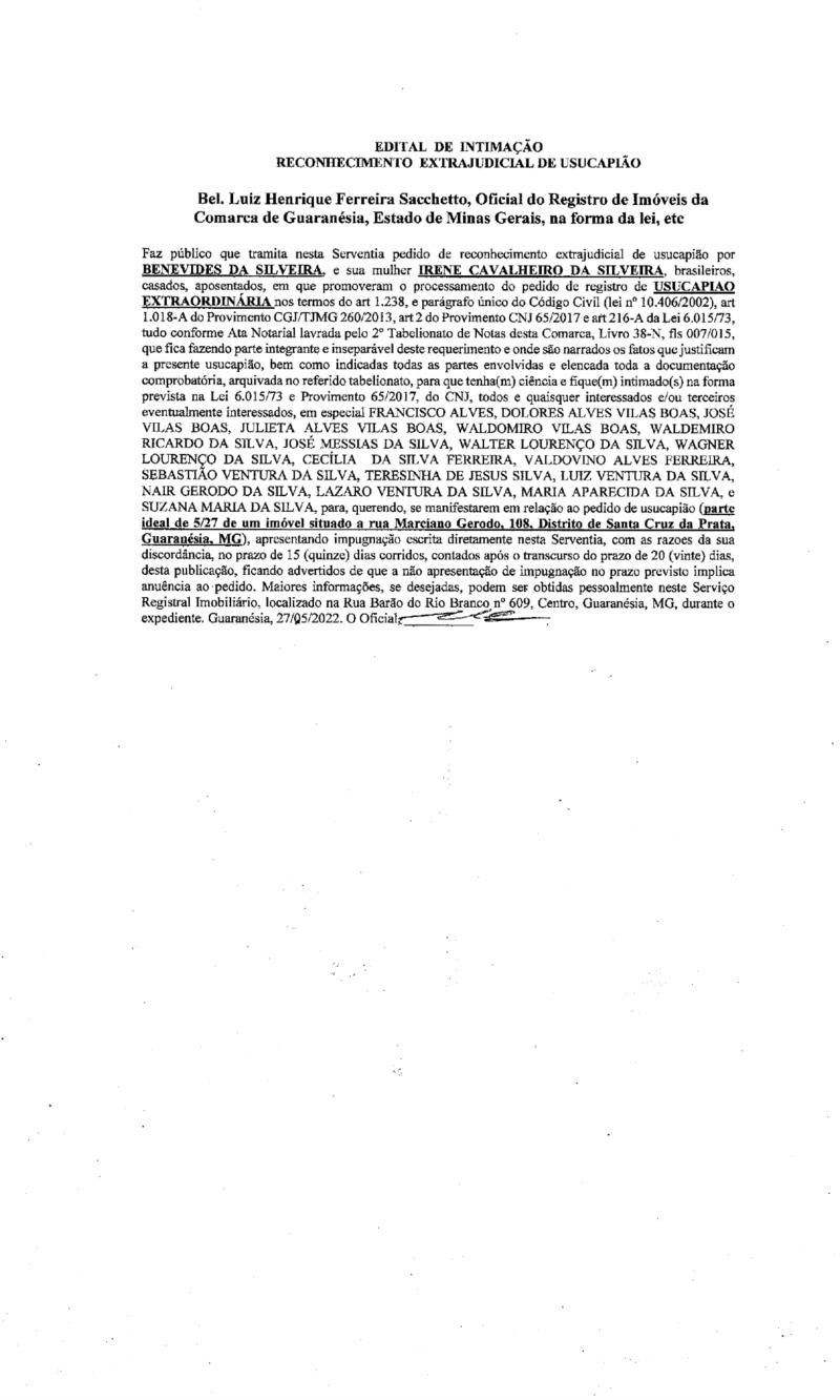 Edital de Intimação - Reconhecimento Extrajudicial de Usucapião 