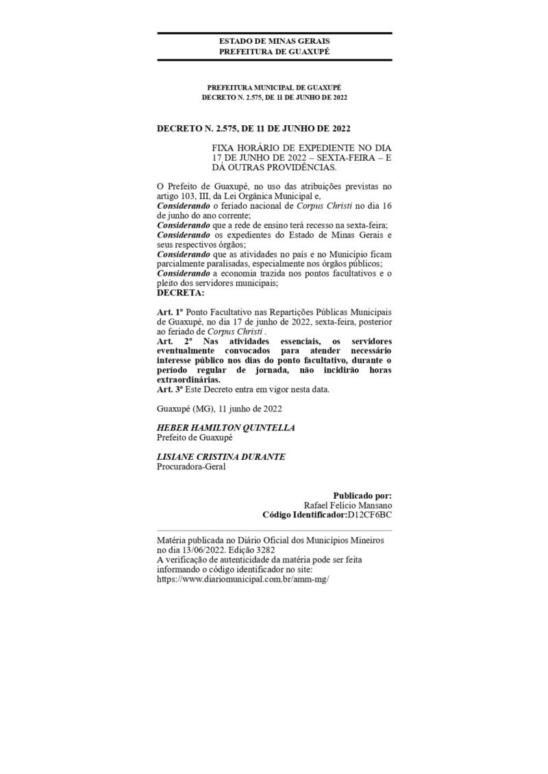 Repartições públicas e escolas municipais de Guaxupé não funcionarão nesta sexta-feira, estendendo o feriado de Corpus Christi