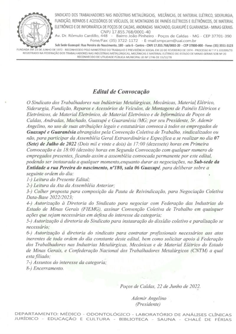 Sindicato dos Trabalhadores Metalúrgicos convoca funcionários de Guaxupé e Guaranésia para Assembleia Geral Ordinária e Específica 