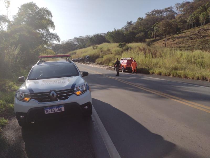 Carreta carregada com bambus tomba na BR-491, próximo a Monte Santo de Minas