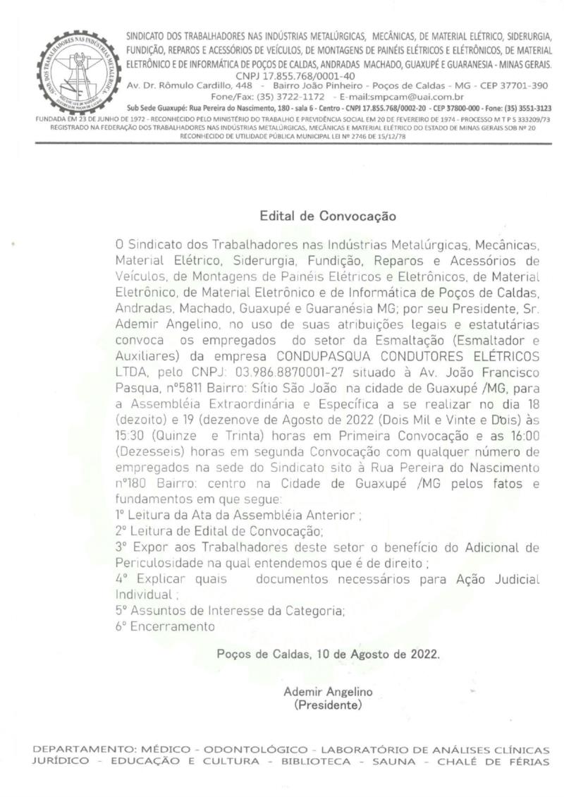 Sindicato dos Trabalhadores Metalúrgicos convoca esmaltadores e auxiliares da Condupasqua para Assembleia Extraordinária