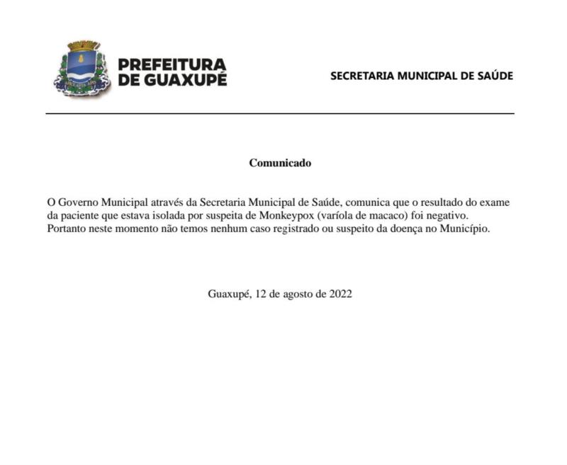 Segundo caso suspeito de Varíola dos Macacos em Guaxupé deu negativo