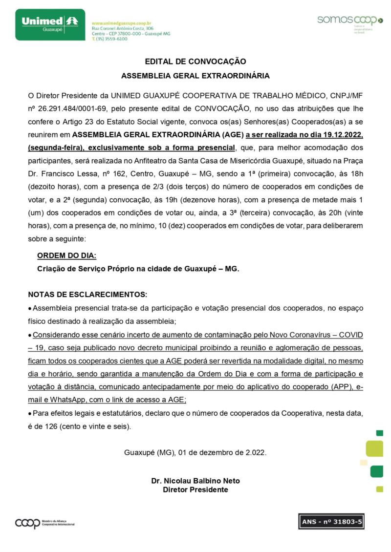 Unimed convoca cooperados para Assembleia Geral Extraordinária no dia 19 de dezembro 