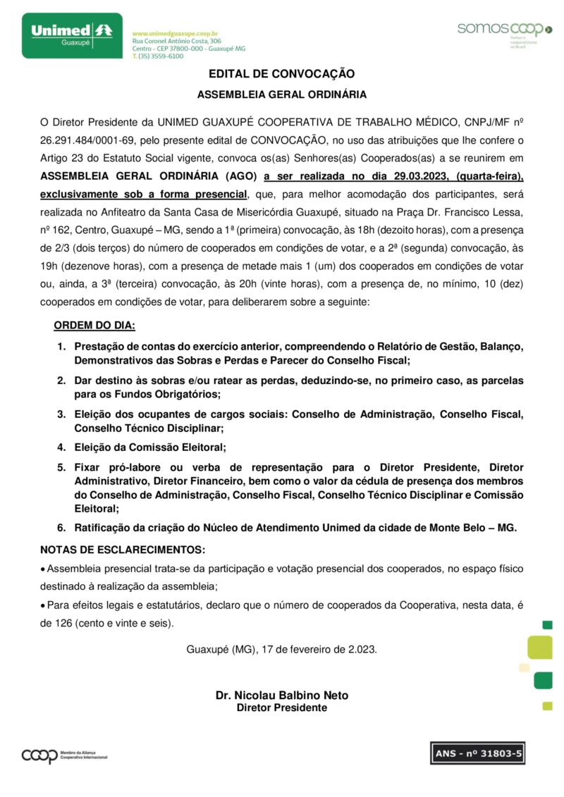 Unimed Guaxupé convoca cooperados para Assembleia Geral Ordinária no dia 29 de março 