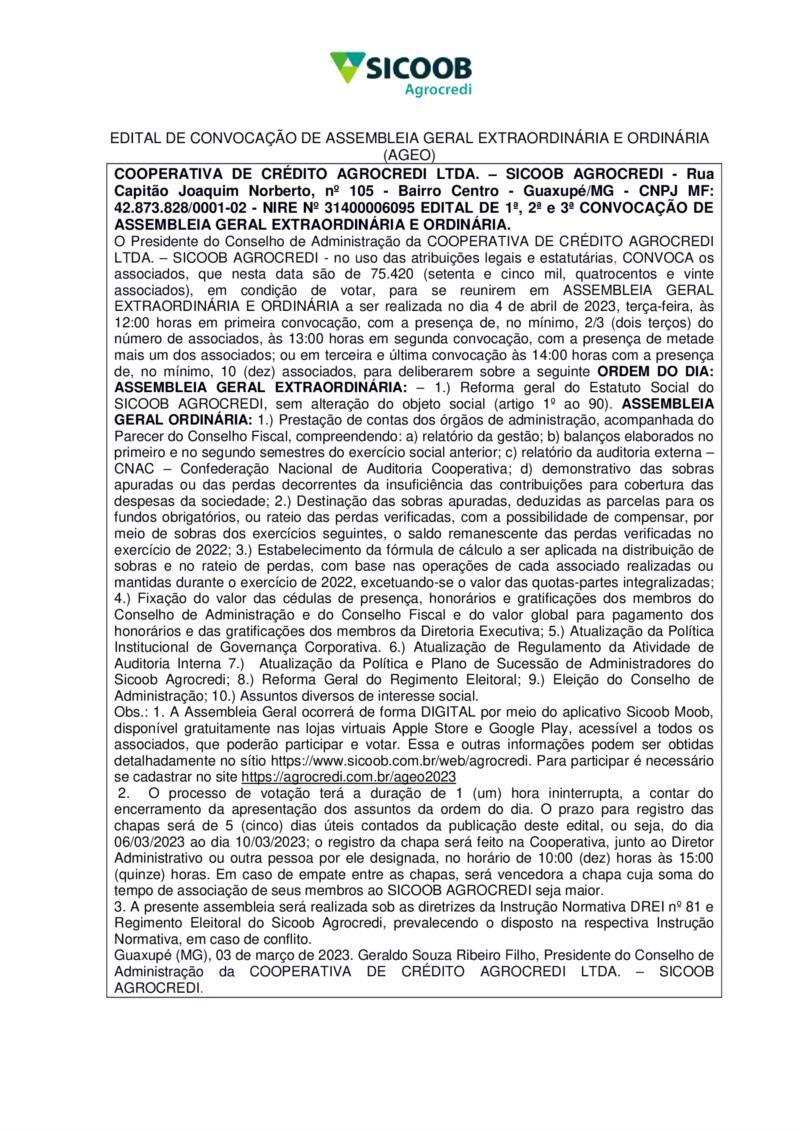 Sicoob Agrocredi convoca associados para Assembleia Geral Extraordinária e Ordinária no dia 4 de abril 