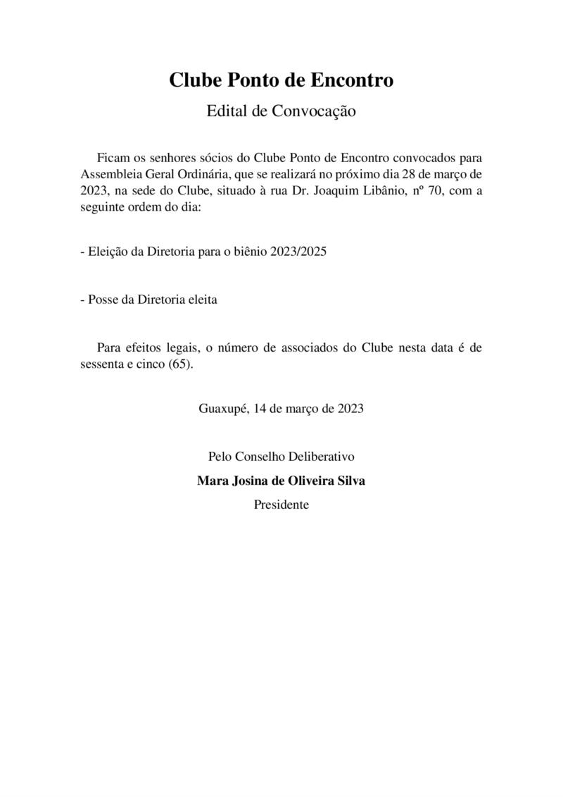 Clube Ponto de Encontro convoca associados para Assembleia Geral Ordinária no dia 28 de março  