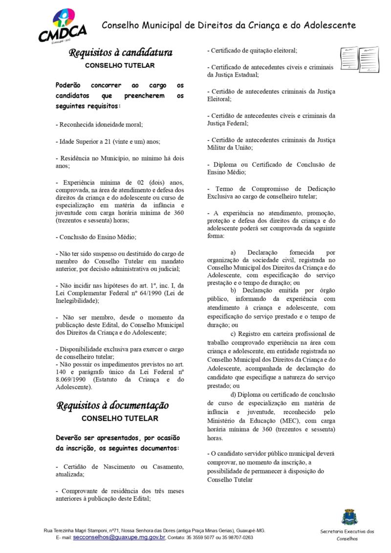 Inscrições para o Conselho Tutelar vão até dia 3 de maio em Guaxupé 