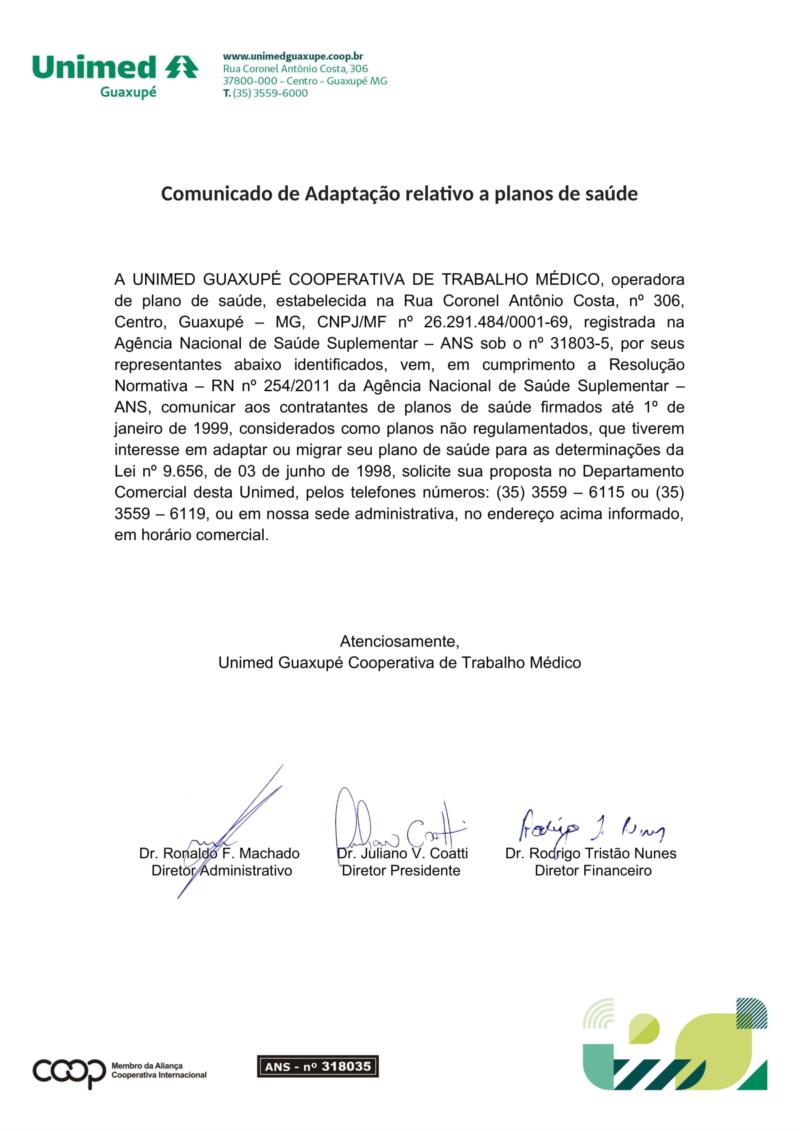 Comunicado de Adaptação relativo a planos de saúde da Unimed de Guaxupé 