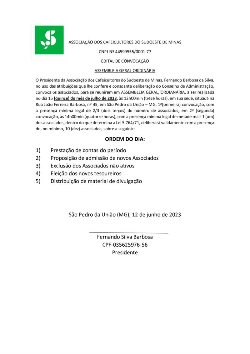 Associação dos Cafeicultores do Sudoeste de Minas convoca associados para Assembleia Geral Ordinária no dia 15 de julho 