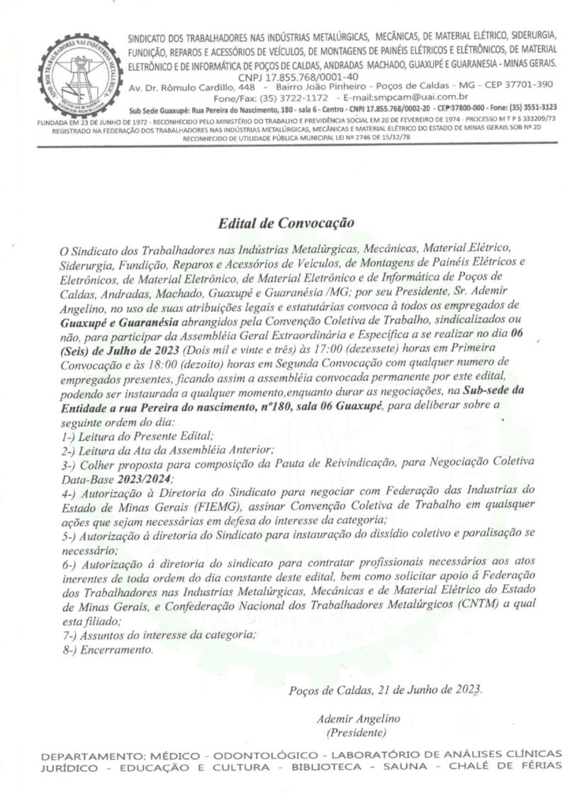 Sindicato dos Trabalhadores Metalúrgicos convoca associados para Assembleia Geral Ordinária no dia 6 de julho 