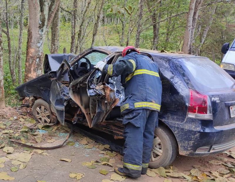 Veículo bate em árvore na rodovia MG-146, entre Muzambinho e Nova Resende, deixando dois mortos e um ferido 