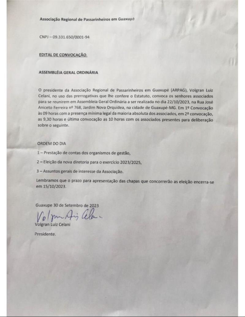 Associação Regional de Passarinheiros em Guaxupé convoca associados para Assembleia Geral Ordinária