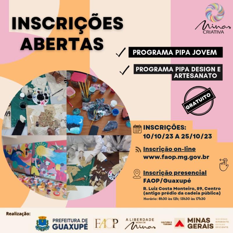 Inscrições para cursos gratuitos de arte, artesanato, cultura e patrimônio serão abertos nesta terça-feira, na FAOP - Unidade Guaxupé 