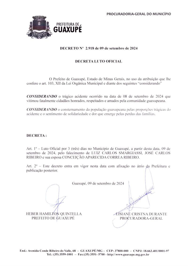 Prefeitura de Guaxupé decreta luto oficial de três dias pelos falecimentos ocorridos no trágico acidente próximo a Muzambinho 