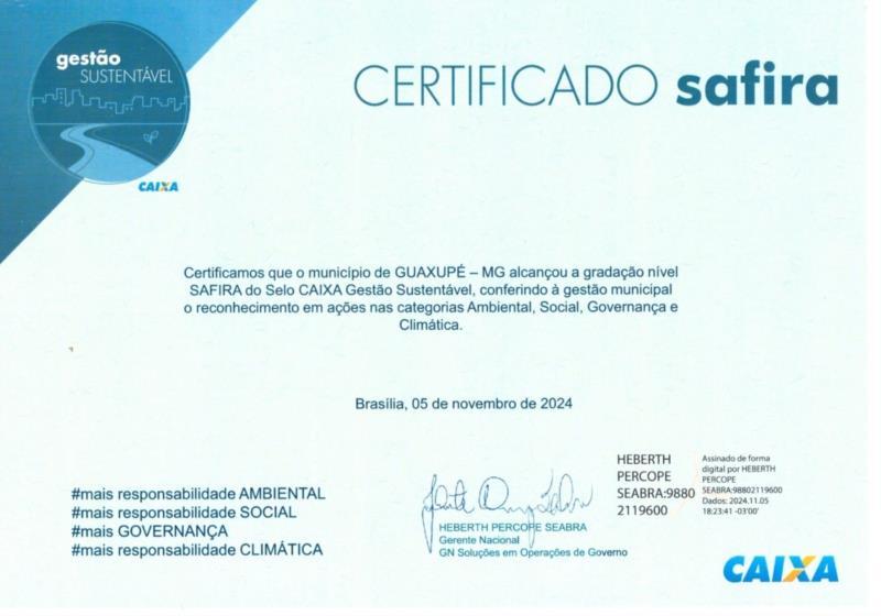 Prefeitura de Guaxupé recebe Selo Gestão Sustentável CAIXA