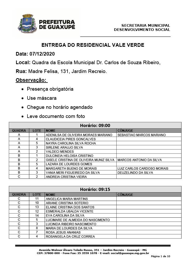 Prefeitura de Guaxupé divulga o horário de entrega das casas do Residencial Vale Verde